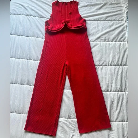 Zara Red Knit Frill Jumpsuit - Picture 2 of 4